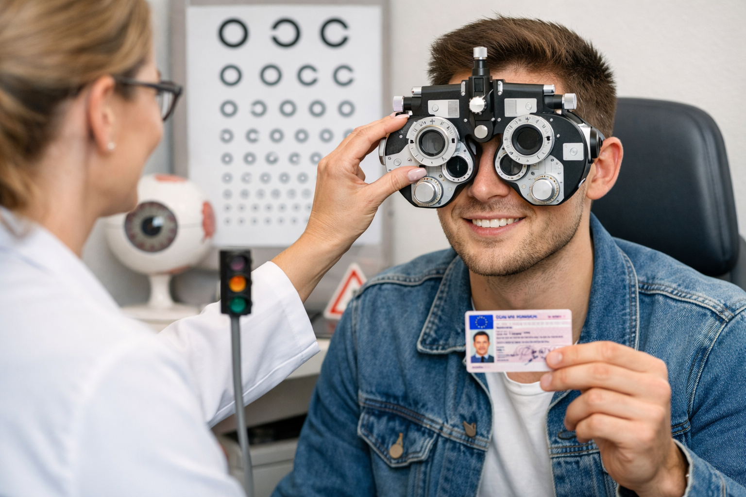Junger Fahrschüler beim Führerschein-Sehtest mit Landoltring-Sehtafel im Hintergrund